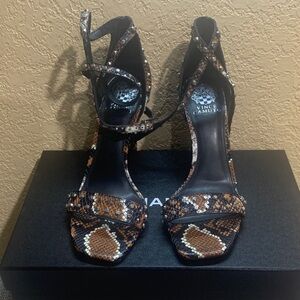 Vince Camuto Brown Snake-Print Strappy Stiletto Sandals